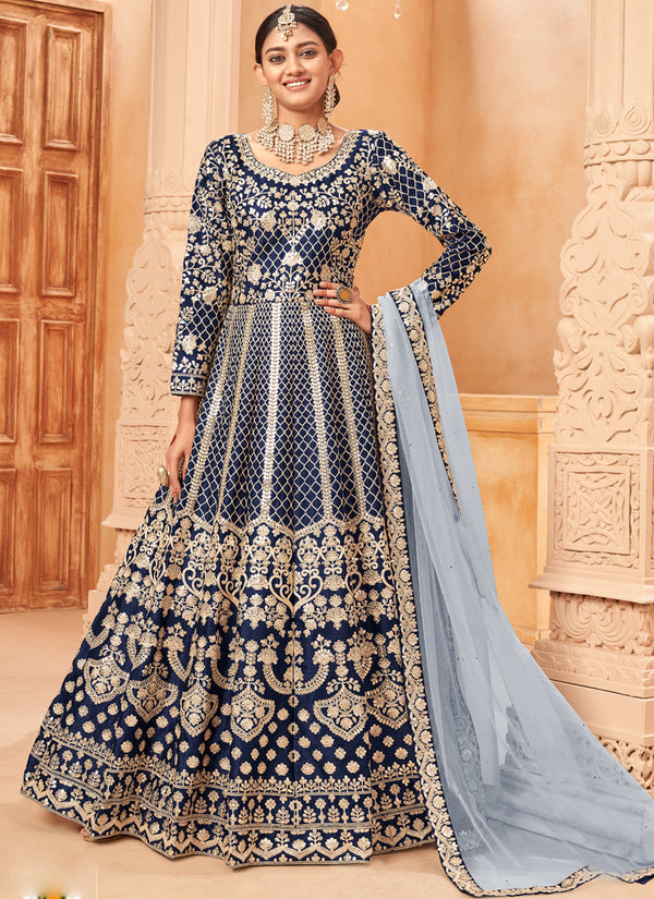 Vegaa Fashion Designer Navy Blue Art Silk Embroidery Anarkali Suit