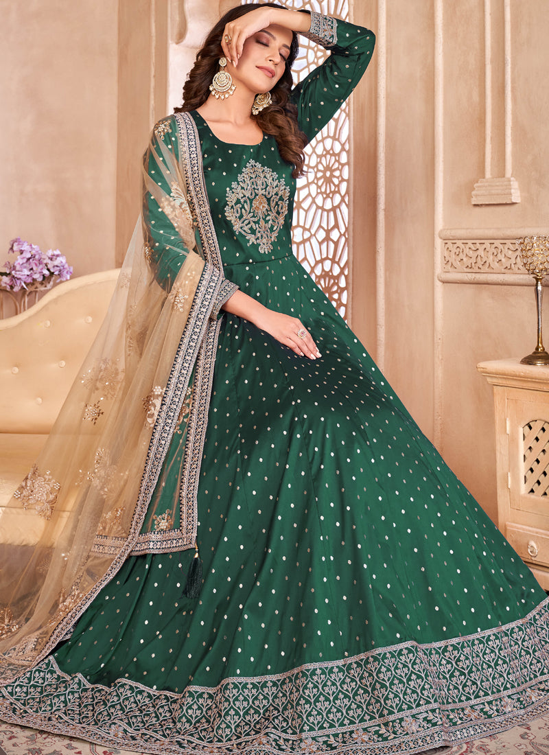 Vegaa Fashion Designer Green Tafeta Silk Embroidery Anarkali Suit - Distacart