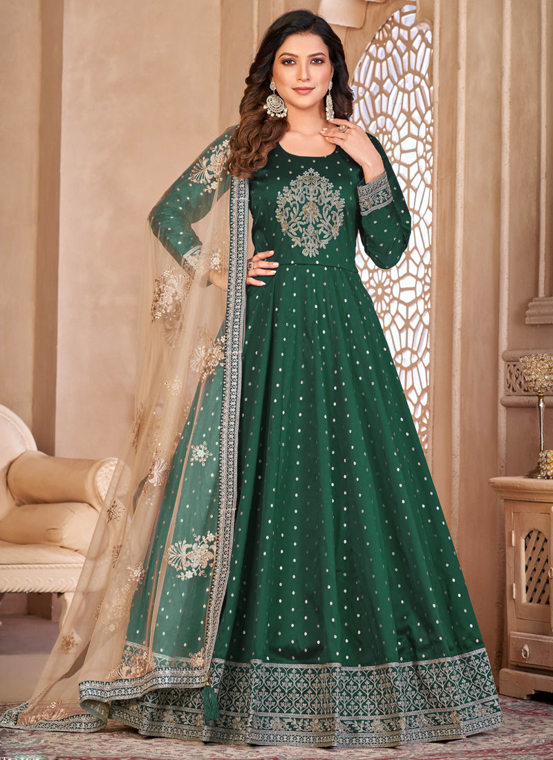 Vegaa Fashion Designer Green Tafeta Silk Embroidery Anarkali Suit - Distacart