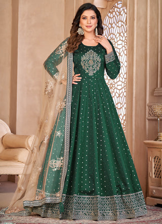Vegaa Fashion Designer Green Tafeta Silk Embroidery Anarkali Suit
