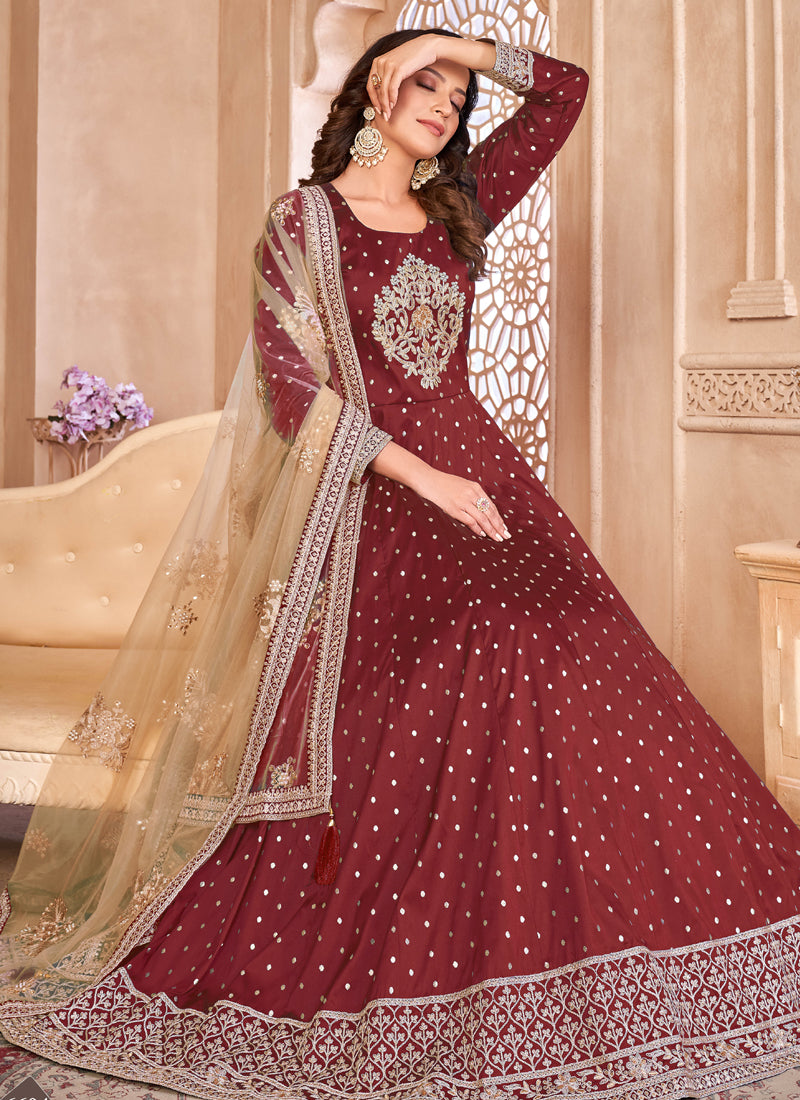 Vegaa Fashion Designer Maroon Tafeta Silk Embroidery Anarkali Suit - Distacart