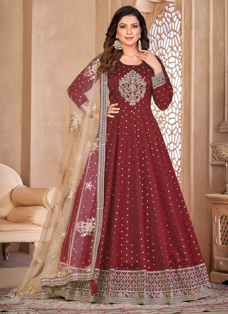 Vegaa Fashion Designer Maroon Tafeta Silk Embroidery Anarkali Suit - Distacart