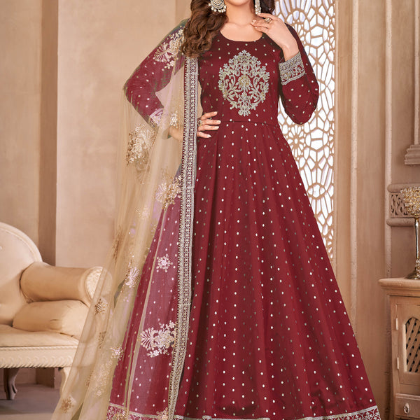 Vegaa Fashion Designer Maroon Tafeta Silk Embroidery Anarkali Suit - Distacart