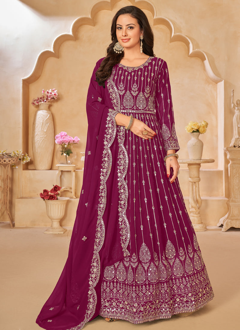 Vegaa Fashion Designer Purple Geoegette Embroidery Anarkali Suit - Distacart
