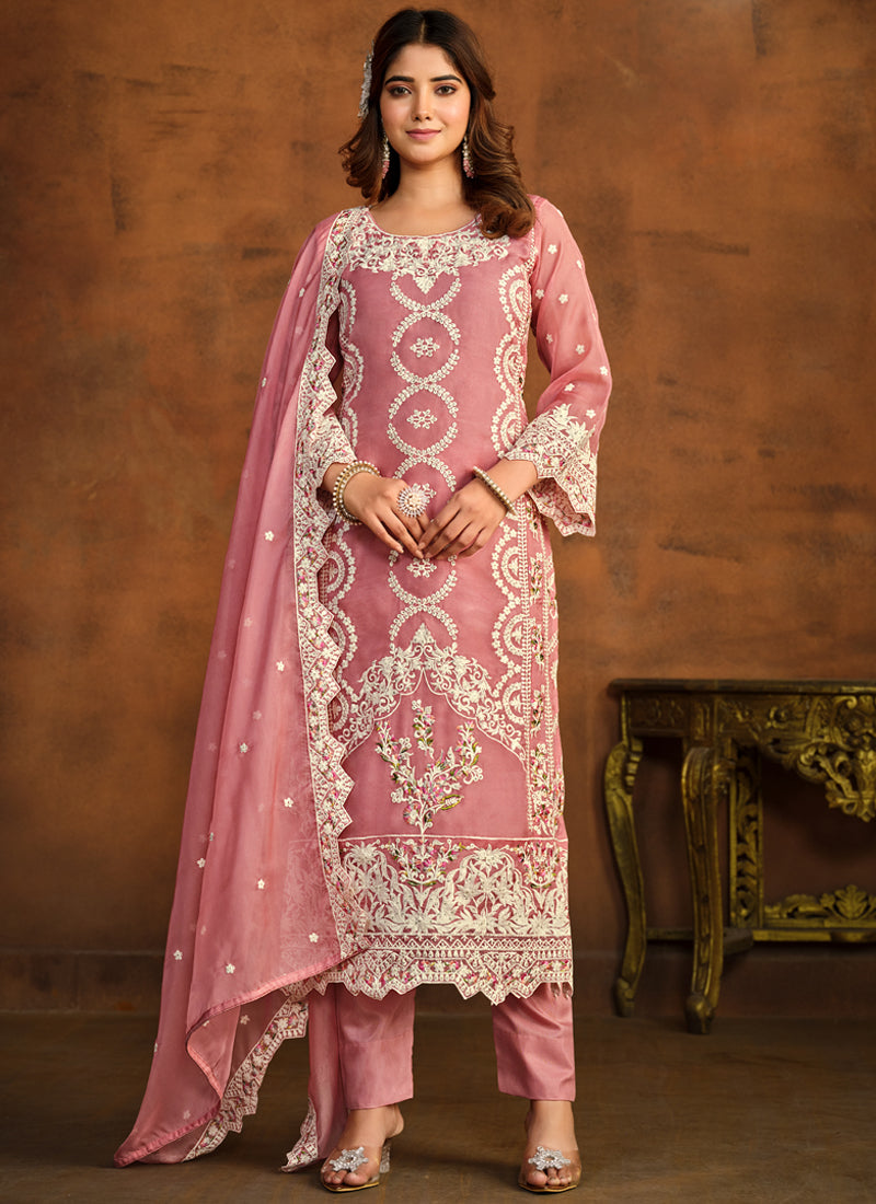 Vegaa Fashion Designer Peach Soft Organza Embroidery Salwar Suit - Distacart