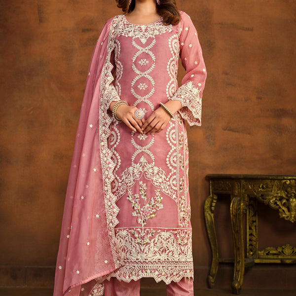 Vegaa Fashion Designer Peach Soft Organza Embroidery Salwar Suit - Distacart