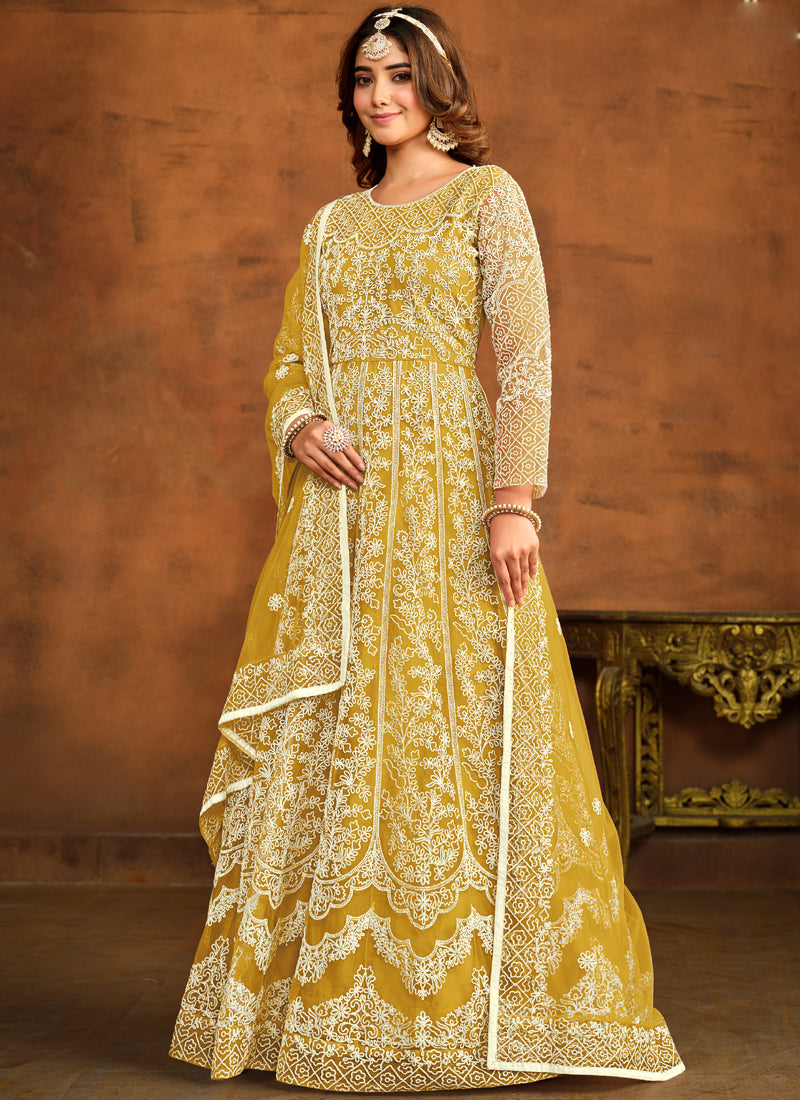 Vegaa Fashion Designer Yellow Net Embroidery Anarkali Suit - Distacart