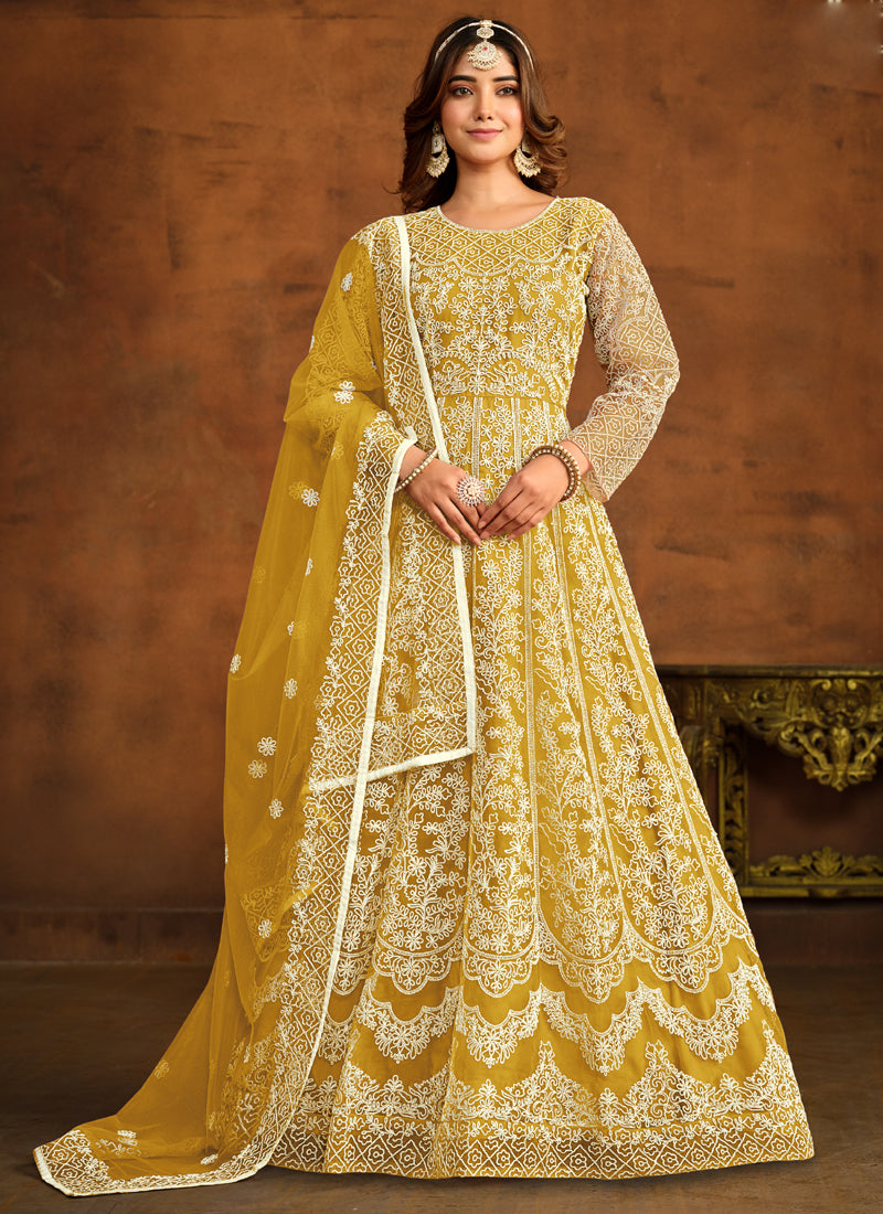 Vegaa Fashion Designer Yellow Net Embroidery Anarkali Suit - Distacart