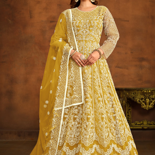 Vegaa Fashion Designer Yellow Net Embroidery Anarkali Suit - Distacart