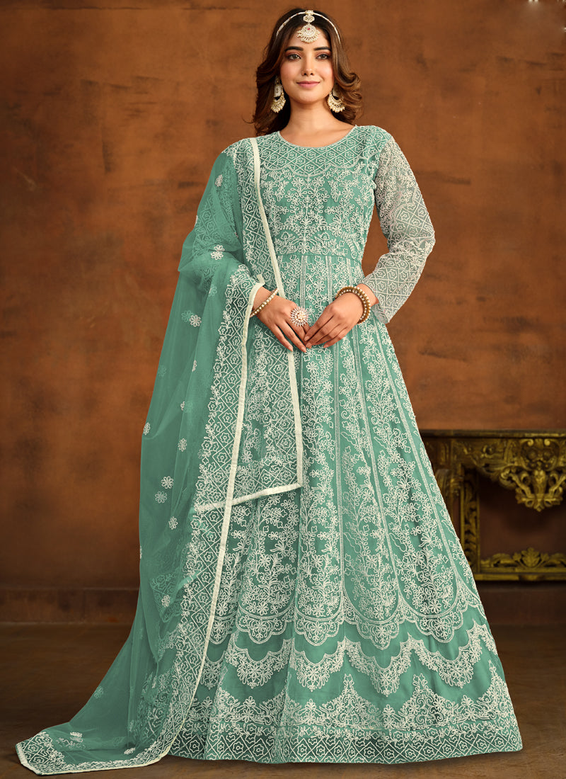 Vegaa Fashion Designer Bottel Green Net Embroidery Anarkali Suit - Distacart