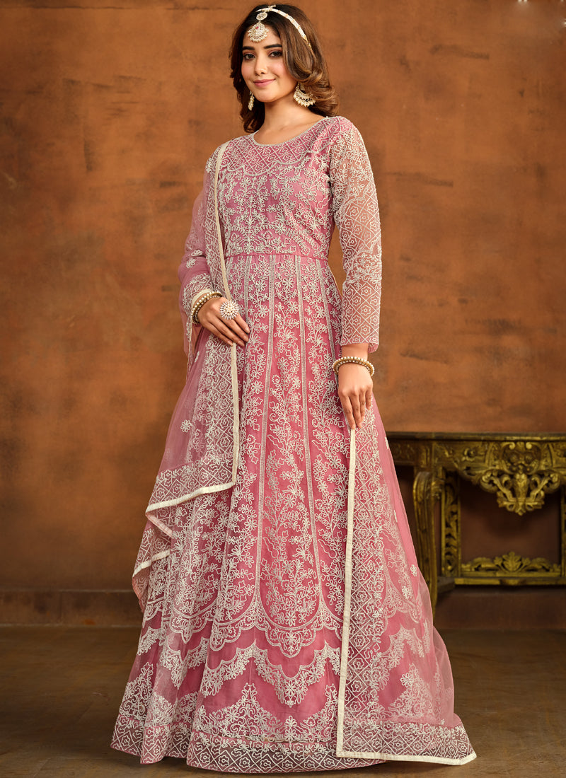 Vegaa Fashion Designer Pink Net Embroidery Anarkali Suit - Distacart