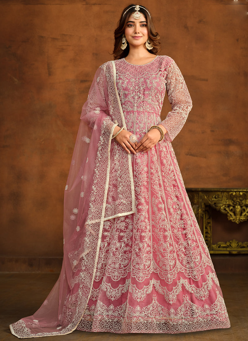 Vegaa Fashion Designer Pink Net Embroidery Anarkali Suit - Distacart
