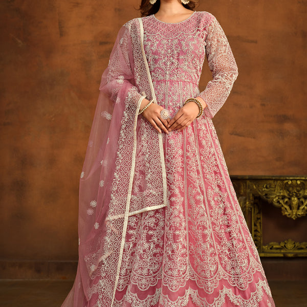 Vegaa Fashion Designer Pink Net Embroidery Anarkali Suit - Distacart