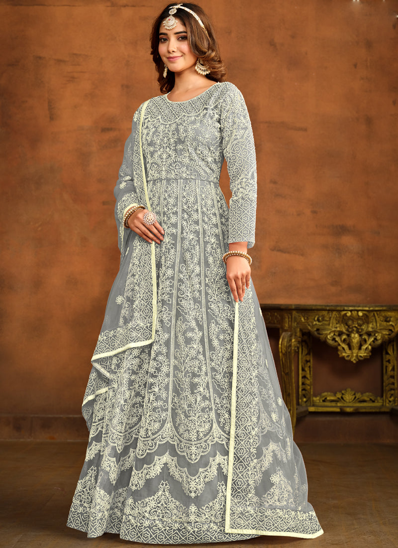 Vegaa Fashion Designer Grey Net Embroidery Anarkali Suit - Distacart