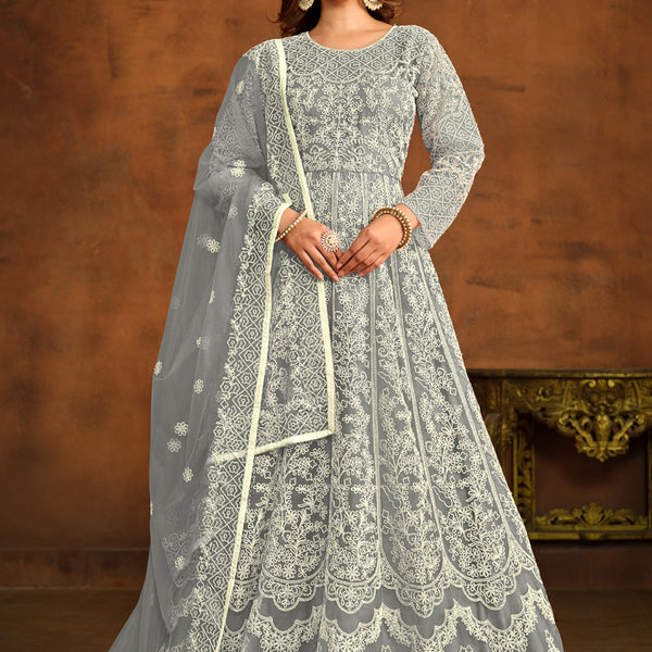 Vegaa Fashion Designer Grey Net Embroidery Anarkali Suit - Distacart