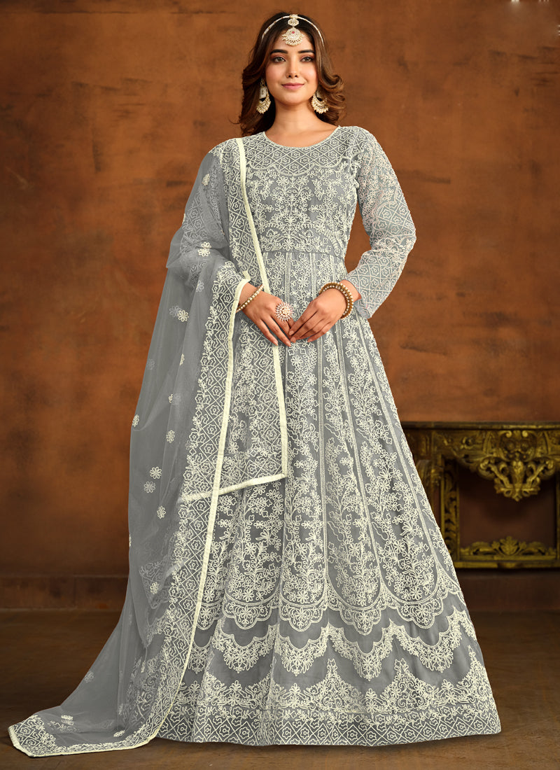 Vegaa Fashion Designer Grey Net Embroidery Anarkali Suit - Distacart