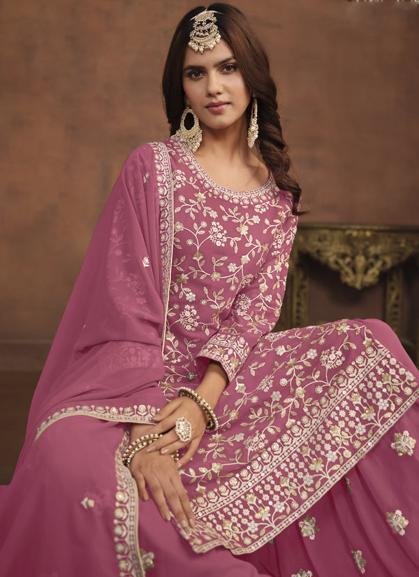 Vegaa Fashion Designer Pink Faux Georgette Embroidery Sharara Suit
