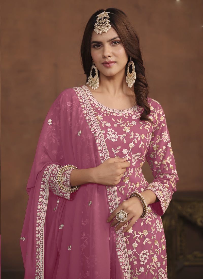 Vegaa Fashion Designer Pink Faux Georgette Embroidery Sharara Suit