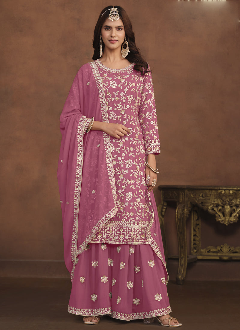 Vegaa Fashion Designer Pink Faux Georgette Embroidery Sharara Suit - Distacart