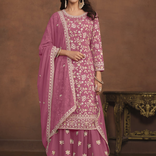 Vegaa Fashion Designer Pink Faux Georgette Embroidery Sharara Suit - Distacart