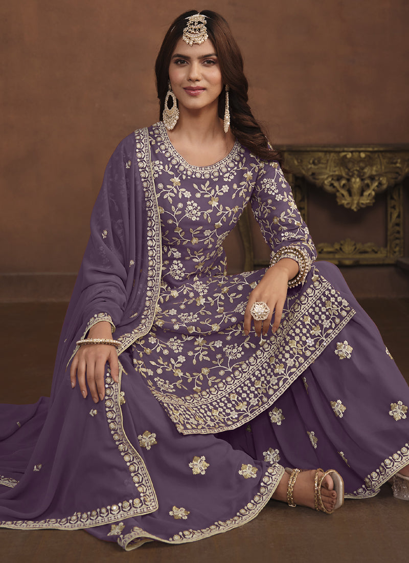 Vegaa Fashion Designer Lavender Faux Georgette Embroidery Sharara Suit - Distacart