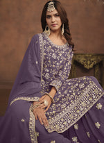 Thumbnail for Vegaa Fashion Designer Lavender Faux Georgette Embroidery Sharara Suit