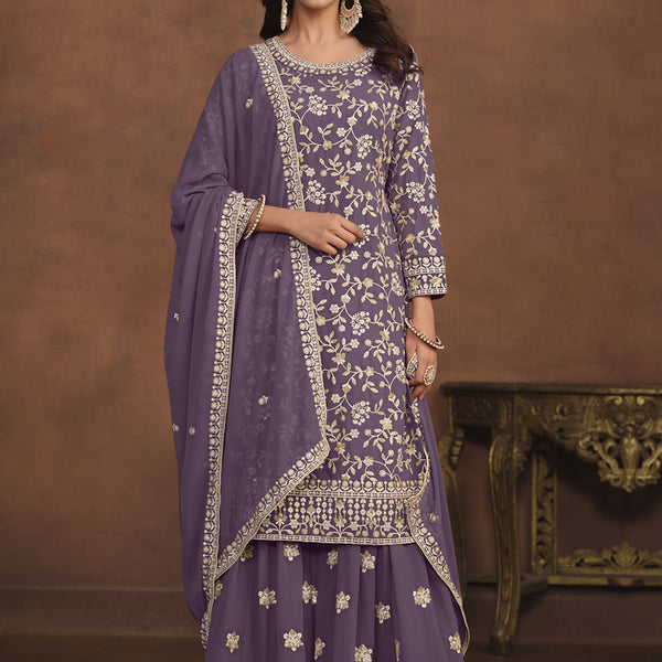 Vegaa Fashion Designer Lavender Faux Georgette Embroidery Sharara Suit - Distacart