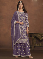Thumbnail for Vegaa Fashion Designer Lavender Faux Georgette Embroidery Sharara Suit