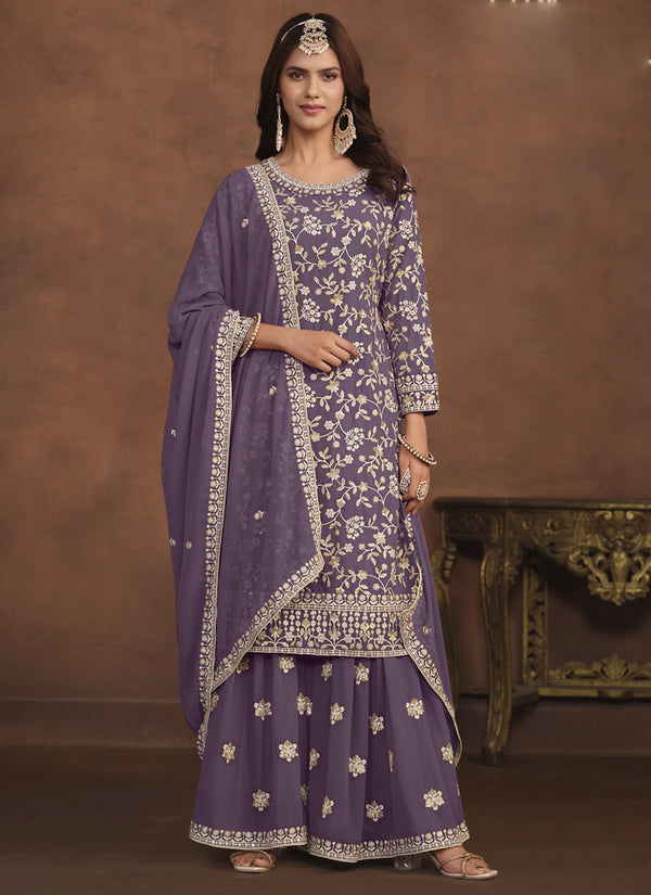 Vegaa Fashion Designer Lavender Faux Georgette Embroidery Sharara Suit