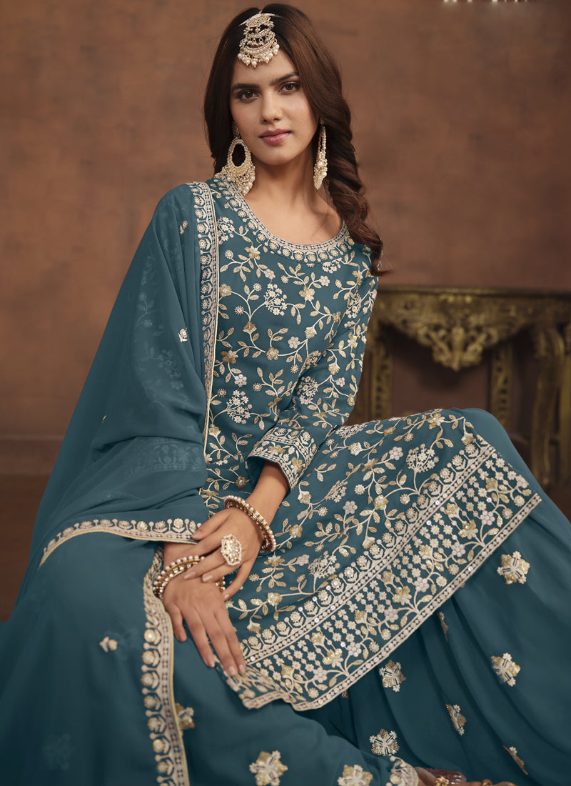 Vegaa Fashion Designer Dark Grey Faux Georgette Embroidery Sharara Suit - Distacart