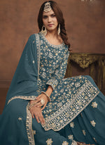 Thumbnail for Vegaa Fashion Designer Dark Grey Faux Georgette Embroidery Sharara Suit