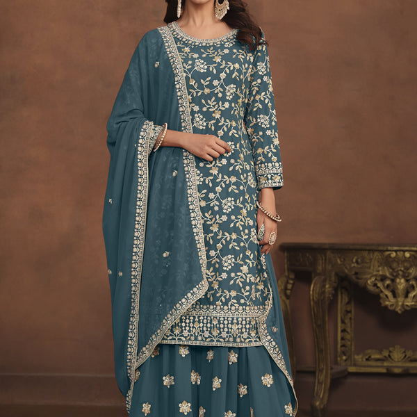 Vegaa Fashion Designer Dark Grey Faux Georgette Embroidery Sharara Suit - Distacart