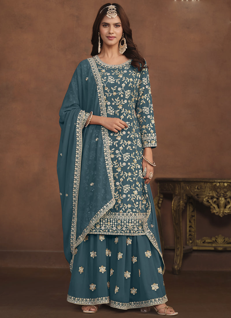 Vegaa Fashion Designer Dark Grey Faux Georgette Embroidery Sharara Suit - Distacart