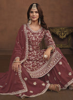 Thumbnail for Vegaa Fashion Designer Brown Faux Georgette Embroidery Sharara Suit