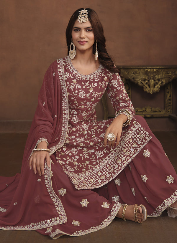 Vegaa Fashion Designer Brown Faux Georgette Embroidery Sharara Suit
