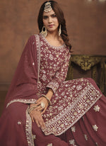 Thumbnail for Vegaa Fashion Designer Brown Faux Georgette Embroidery Sharara Suit