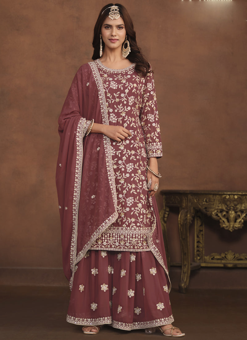 Vegaa Fashion Designer Brown Faux Georgette Embroidery Sharara Suit - Distacart