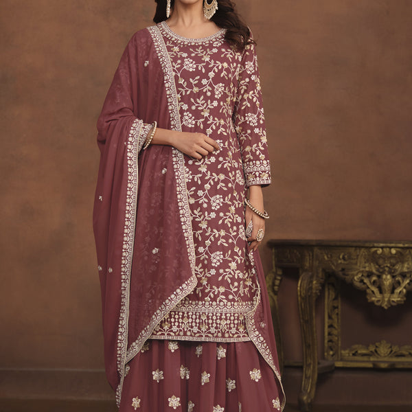 Vegaa Fashion Designer Brown Faux Georgette Embroidery Sharara Suit - Distacart