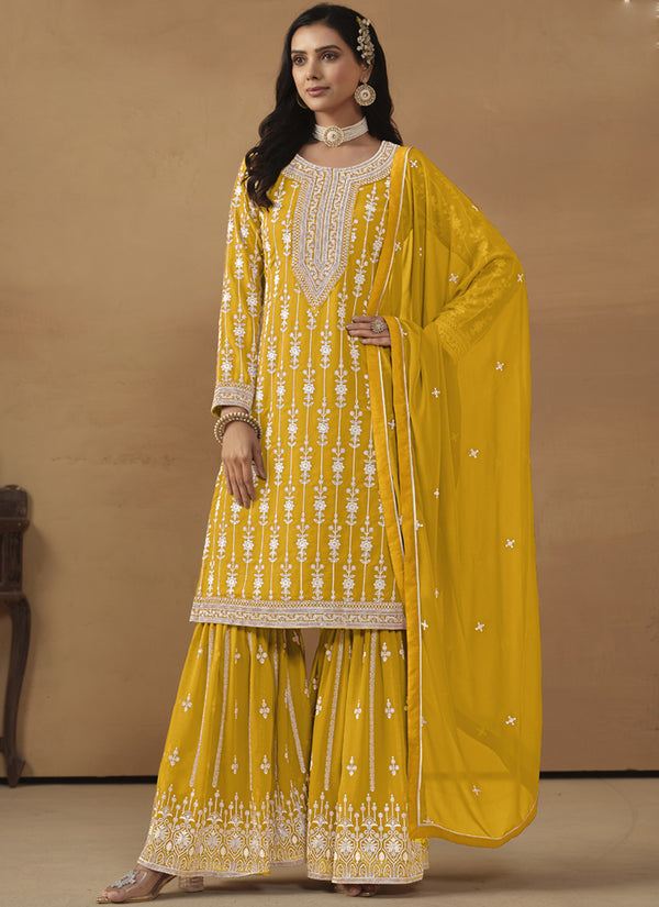 Vegaa Fashion Designer Yellow Faux Georgette Embroidery Sharara Suit