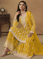 Thumbnail for Vegaa Fashion Designer Yellow Faux Georgette Embroidery Sharara Suit