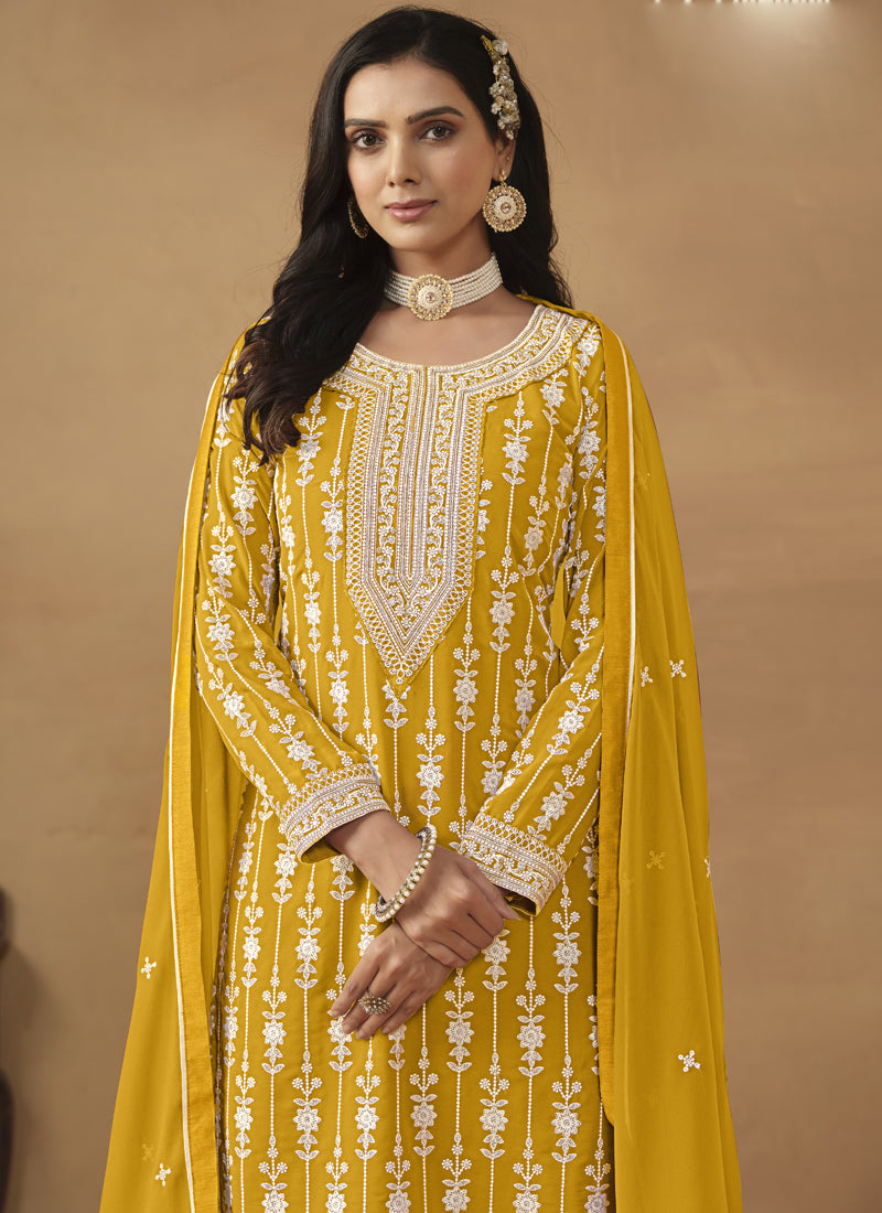 Vegaa Fashion Designer Yellow Faux Georgette Embroidery Sharara Suit