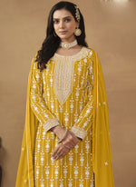 Thumbnail for Vegaa Fashion Designer Yellow Faux Georgette Embroidery Sharara Suit