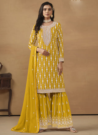 Vegaa Fashion Designer Yellow Faux Georgette Embroidery Sharara Suit