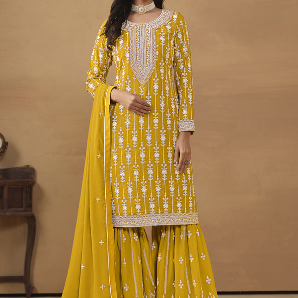 Vegaa Fashion Designer Yellow Faux Georgette Embroidery Sharara Suit - Distacart