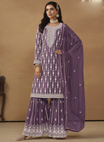 Thumbnail for Vegaa Fashion Designer Purple Faux Georgette Embroidery Sharara Suit