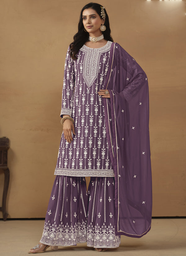 Vegaa Fashion Designer Purple Faux Georgette Embroidery Sharara Suit