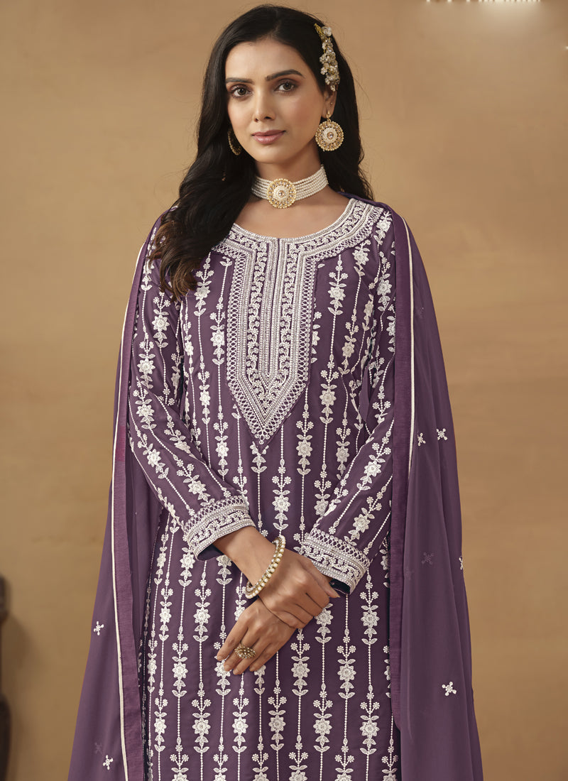 Vegaa Fashion Designer Purple Faux Georgette Embroidery Sharara Suit