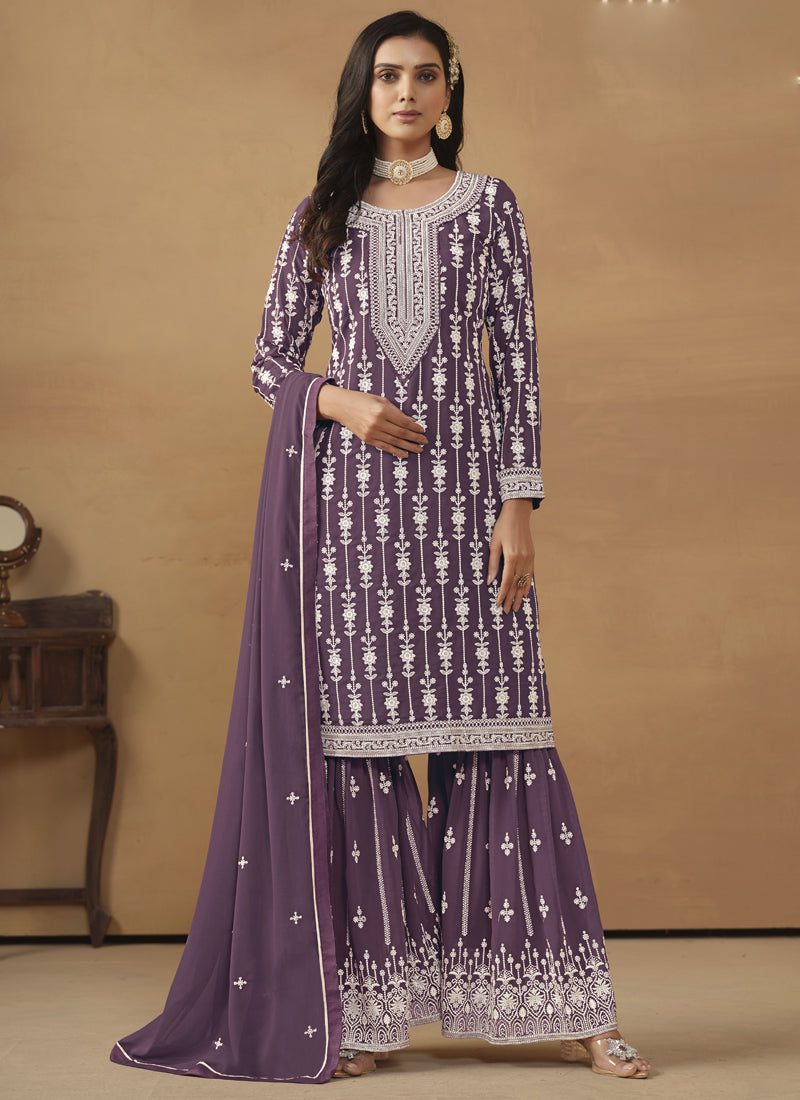 Vegaa Fashion Designer Purple Faux Georgette Embroidery Sharara Suit - Distacart