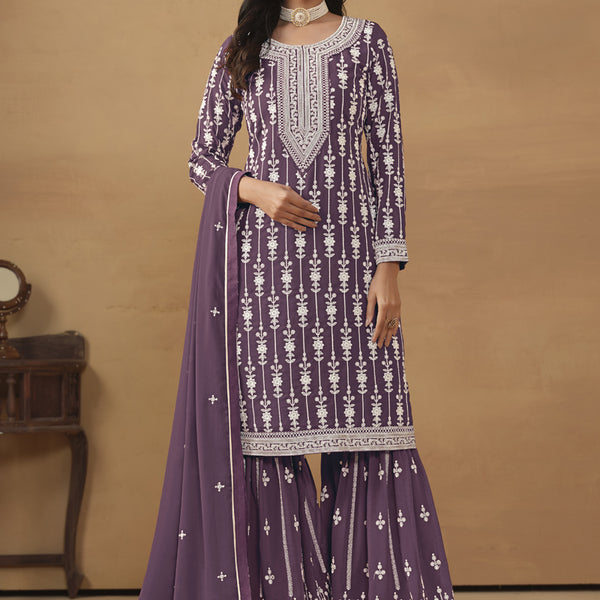Vegaa Fashion Designer Purple Faux Georgette Embroidery Sharara Suit - Distacart
