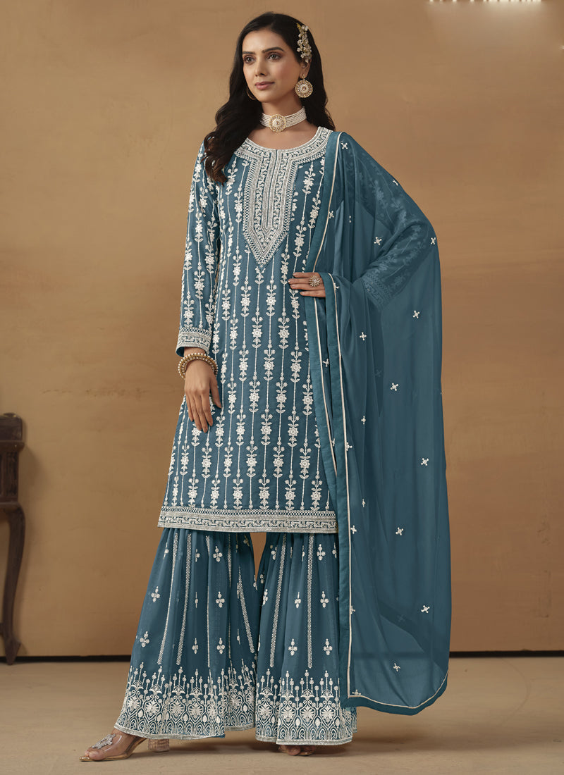 Vegaa Fashion Designer Grey Faux Georgette Embroidery Sharara Suit - Distacart